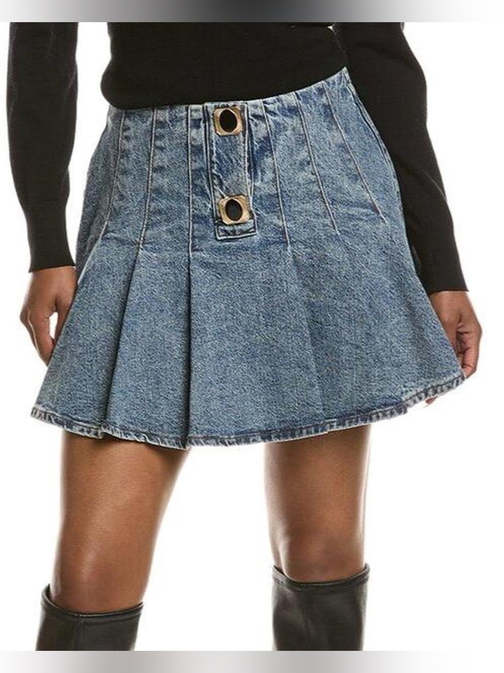 Avec Les Filles Pleated Blue Denim Mini Skirt with Button Detail - Picture 4 of 5